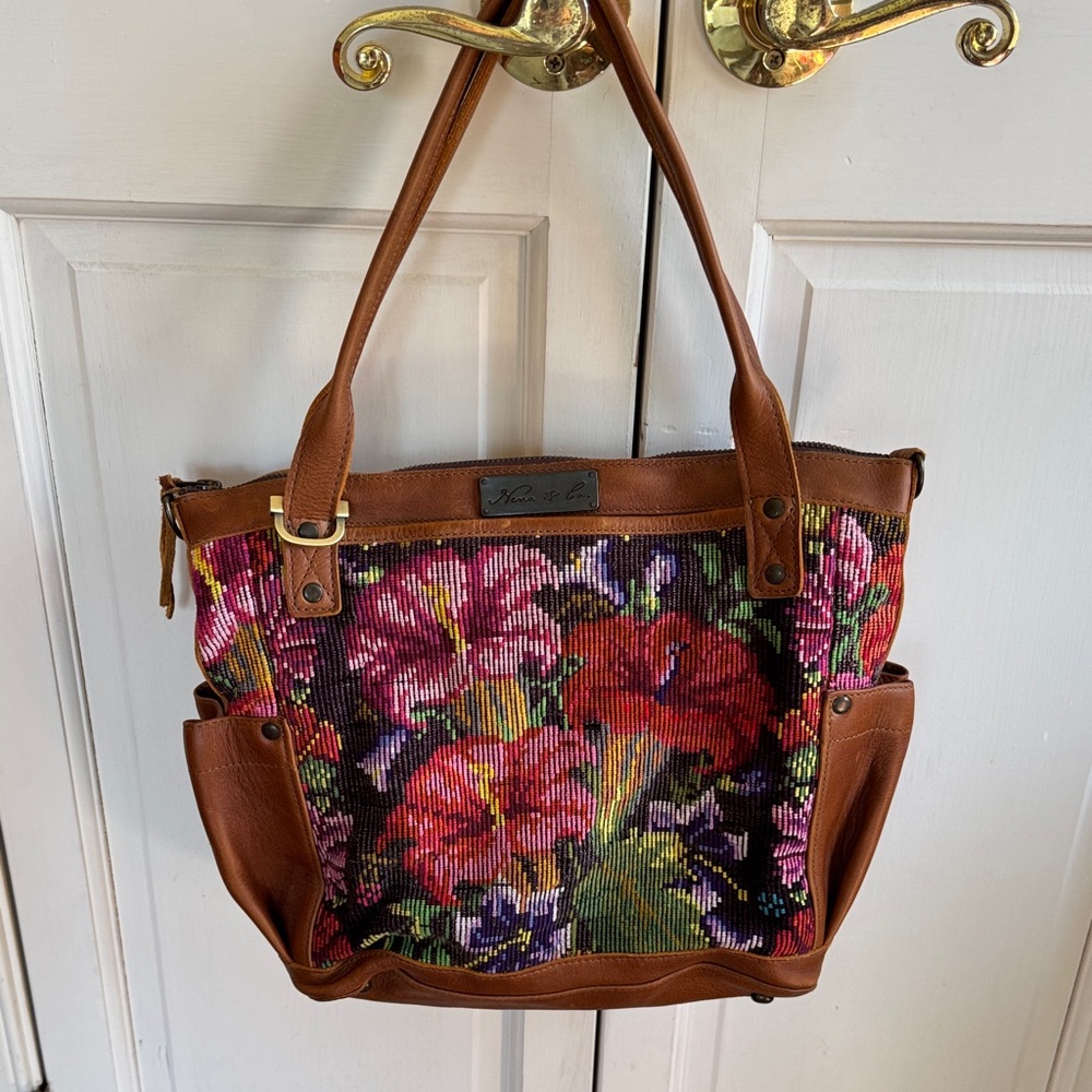 Nena and Co huipil Guatemala Tote Bag with Brown leather Trim